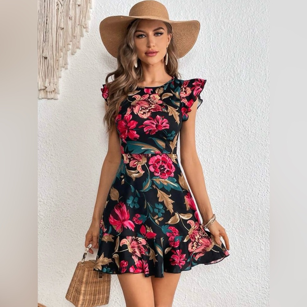 Midi floral print dress summer dress with fringe